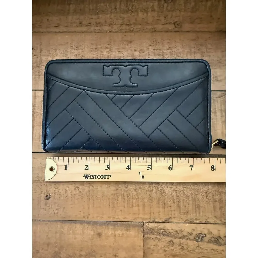 Tory Burch Wallet Womens Black Leather Zip Around Quilted Logo Continental